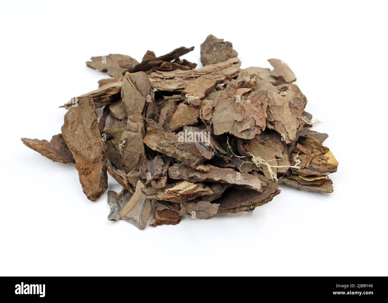 Substrato per terreno orchidea, contiene da sphagnum muss, corteccia di pino, cocco. Mucchio di pezzi di teck di albero di pino asciutto isolato su bianco. Broken Woods Nat Foto Stock