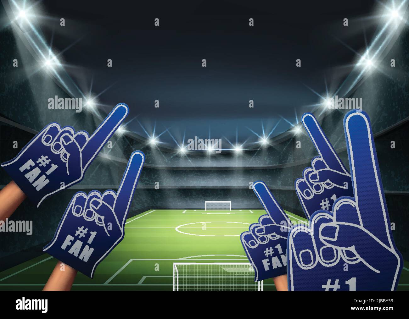 L'illustrazione vettoriale dei tifosi sulla tribuna con i riflettori luminosi illumina il campo di calcio verde. Illustrazione Vettoriale