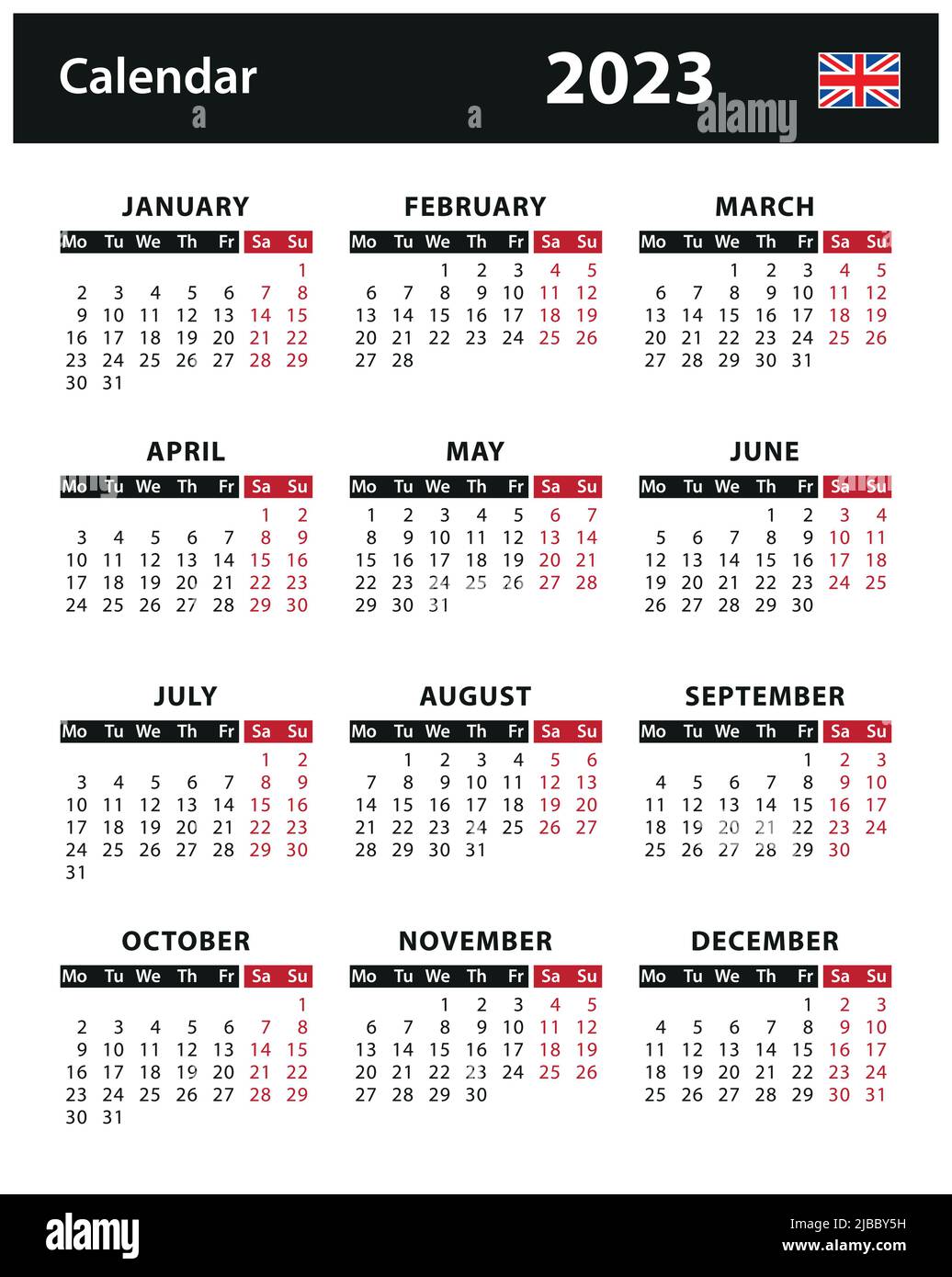 Calendario 2023 - illustrazione del vettore. Versione inglese Illustrazione Vettoriale