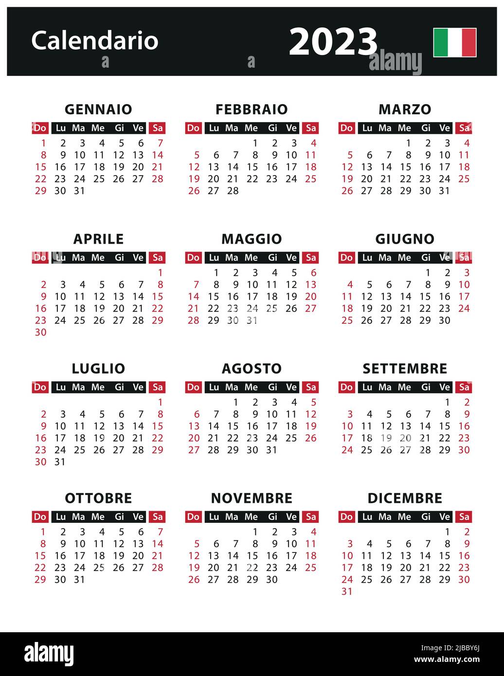 Calendario 2023 - illustrazione del vettore. Italia, versione italiana | Calendario 2023 - illustrazione di riserva di vettore. Italia, english version Illustrazione Vettoriale