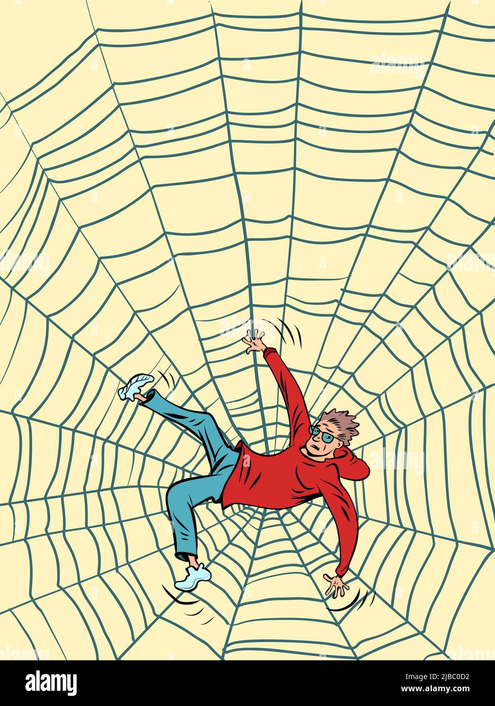 l'uomo in una rete del ragno, intrappola naturale i fili appiccicosi sottili. Il pericolo invisibile di Internet Illustrazione Vettoriale