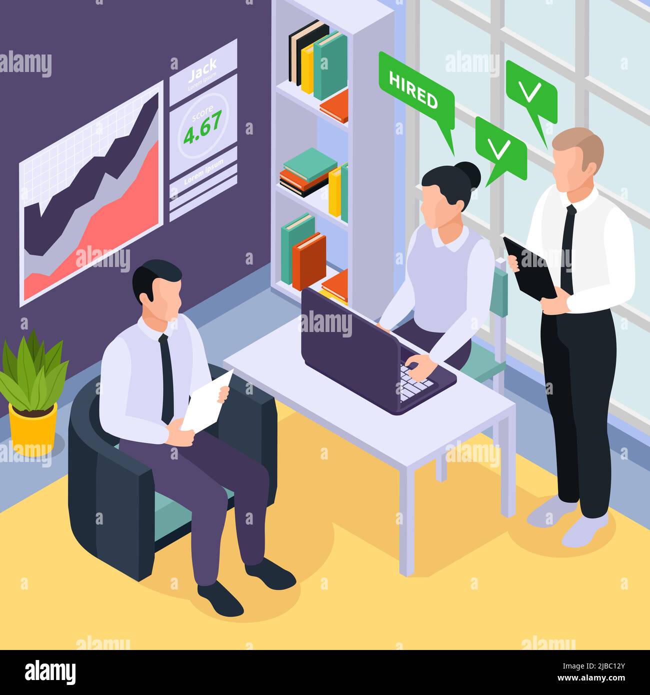 Sistema di punteggio del credito sociale composizione isometrica con vista interna di ufficio e autorità che sparano il loro dipendente vettore illustrazione Illustrazione Vettoriale