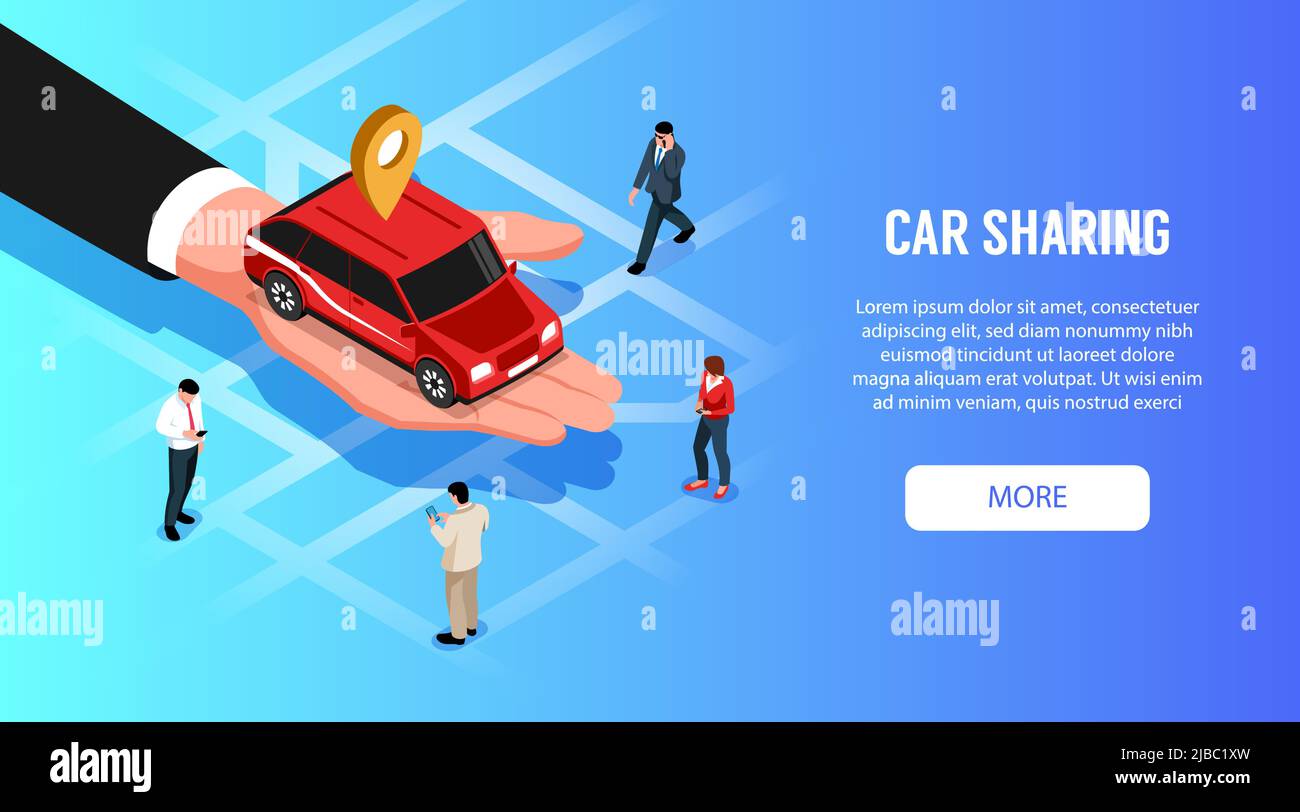 Car sharing online 24h servizio isometrico web banner orizzontale con auto rossa in mano palmare illustrazione vettoriale Illustrazione Vettoriale