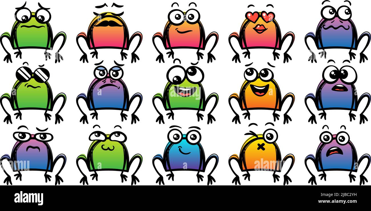 Set di varie rane di cartoni animati. Faccia, occhi e bocca di Doodle. Caricatura comico emozioni espressive, sorridente, piangente e sorpresa carattere espressione volto Illustrazione Vettoriale
