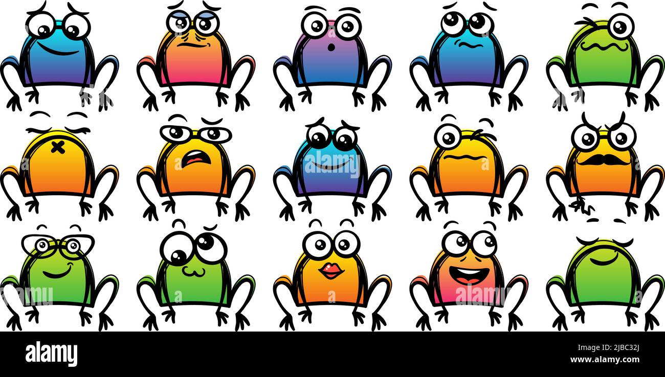Set di varie rane di cartoni animati. Faccia, occhi e bocca di Doodle. Caricatura comico emozioni espressive, sorridente, piangente e sorpresa carattere espressione volto Illustrazione Vettoriale