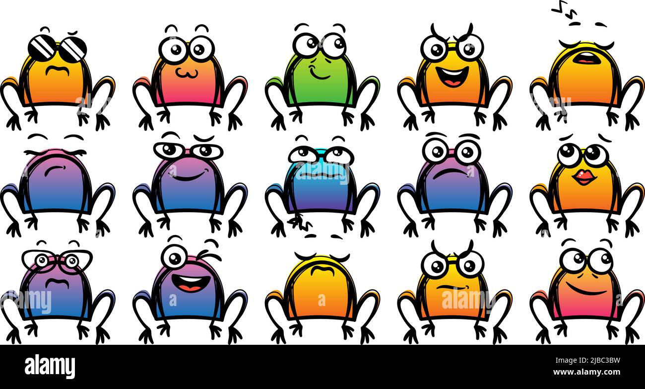 Set di varie rane di cartoni animati. Faccia, occhi e bocca di Doodle. Caricatura comico emozioni espressive, sorridente, piangente e sorpresa carattere espressione volto Illustrazione Vettoriale