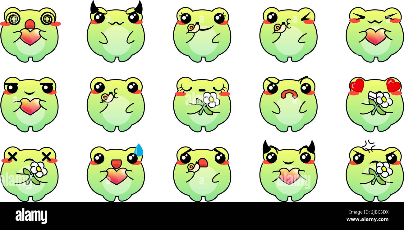 Set di varie rane di cartoni animati. Faccia, occhi e bocca di Doodle. Caricatura comico emozioni espressive, sorridente, piangente e sorpresa carattere espressione volto Illustrazione Vettoriale