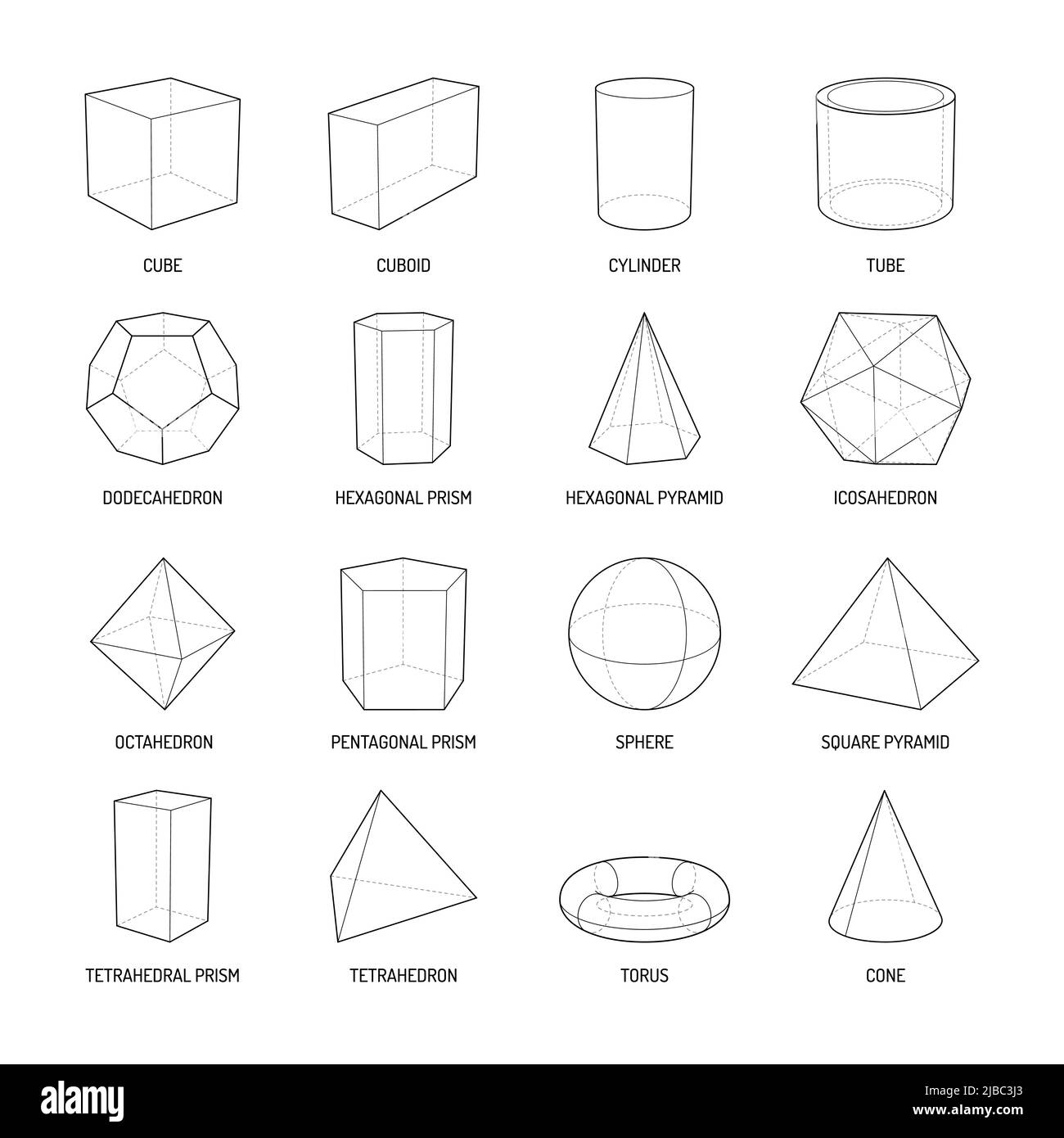 Stereometria di base forma linea set di cuboide octahedron piramide prisma cubo cono cilindro toro isolato vettore illustrazione Illustrazione Vettoriale