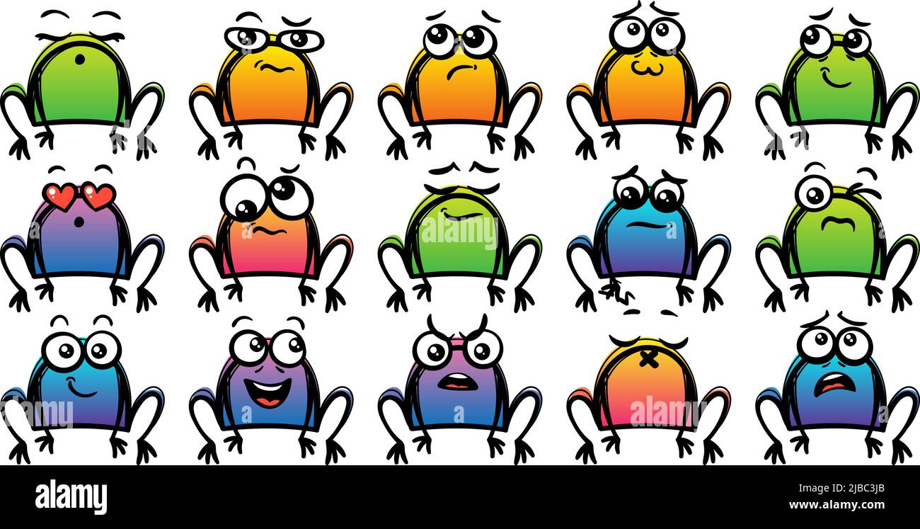 Set di varie rane di cartoni animati. Faccia, occhi e bocca di Doodle. Caricatura comico emozioni espressive, sorridente, piangente e sorpresa carattere espressione volto Illustrazione Vettoriale