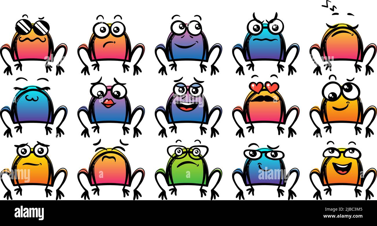 Set di varie rane di cartoni animati. Faccia, occhi e bocca di Doodle. Caricatura comico emozioni espressive, sorridente, piangente e sorpresa carattere espressione volto Illustrazione Vettoriale