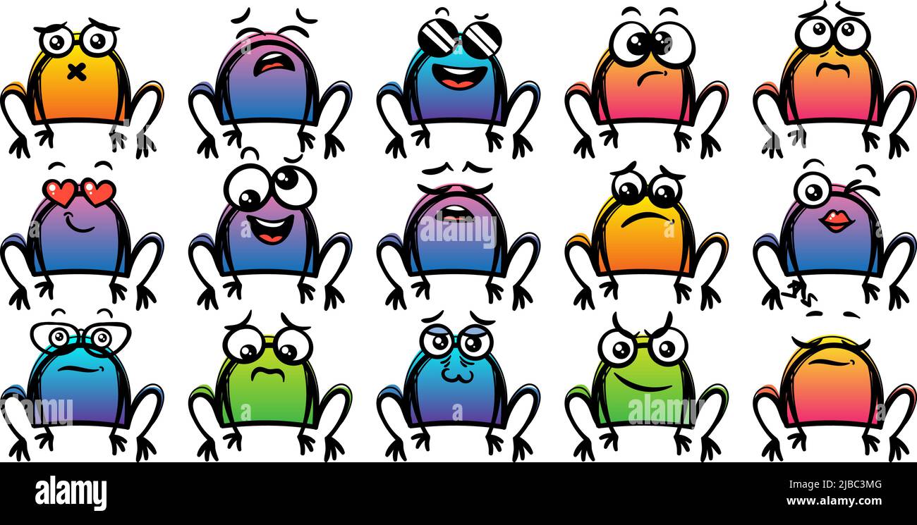 Set di varie rane di cartoni animati. Faccia, occhi e bocca di Doodle. Caricatura comico emozioni espressive, sorridente, piangente e sorpresa carattere espressione volto Illustrazione Vettoriale