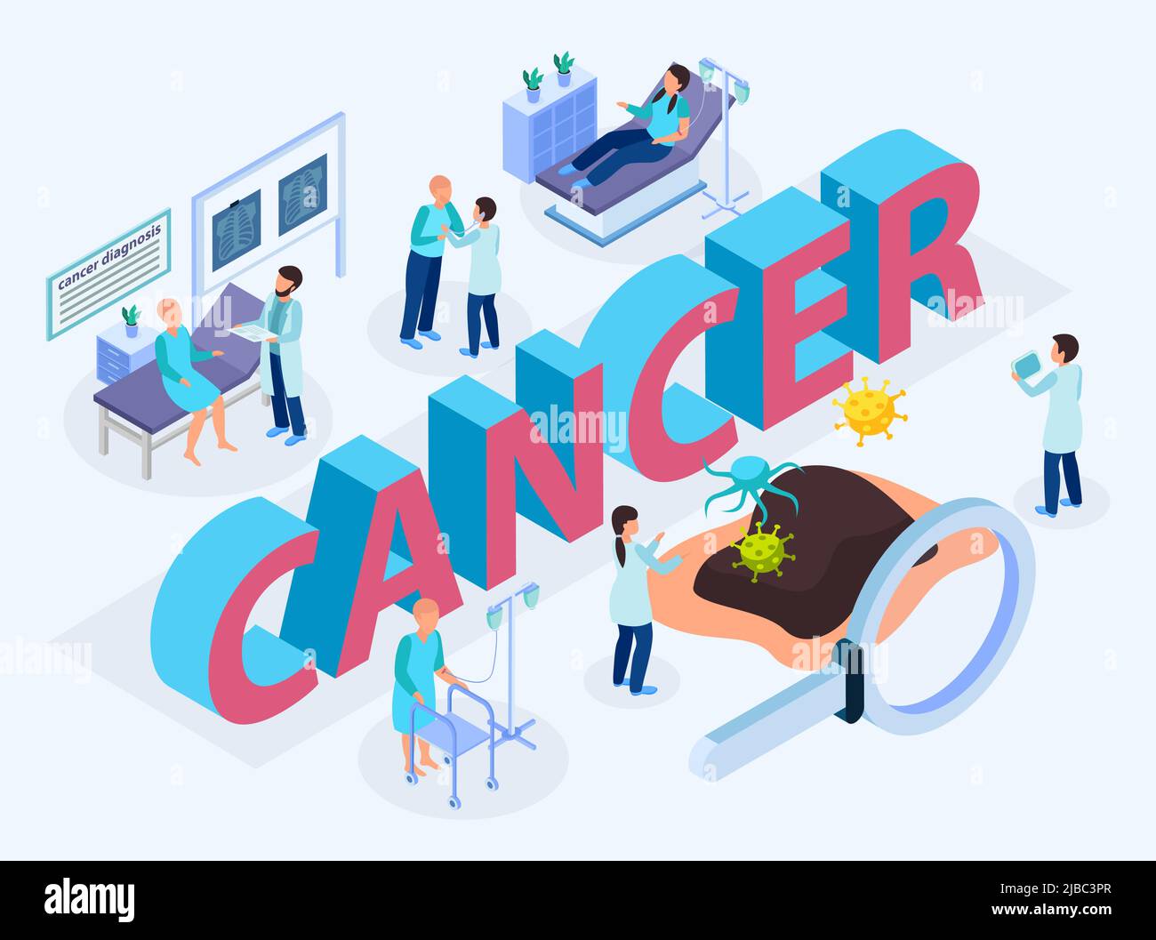 Titolo dell'intestazione del controllo del cancro composizione isometrica con test di laboratorio per la diagnosi di rivelazione trattamento illustrazione del vettore di cura palliativa Illustrazione Vettoriale