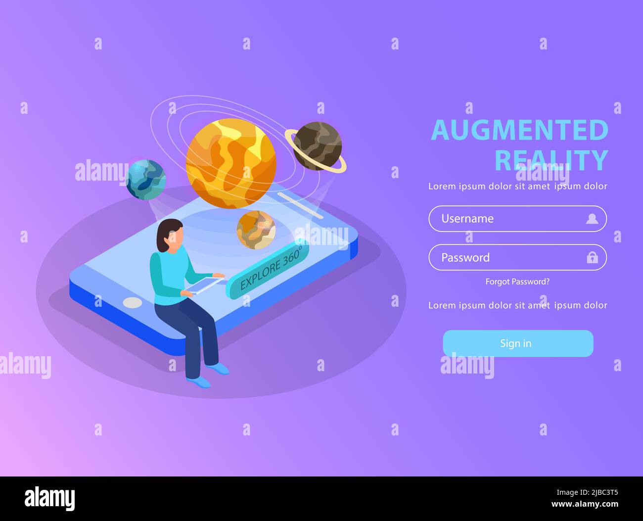 Pagina di atterraggio isometrica del sito educativo sulla realtà aumentata con una donna che visualizza il sistema solare utilizzando l'illustrazione vettoriale dello sfondo dello smartphone Illustrazione Vettoriale