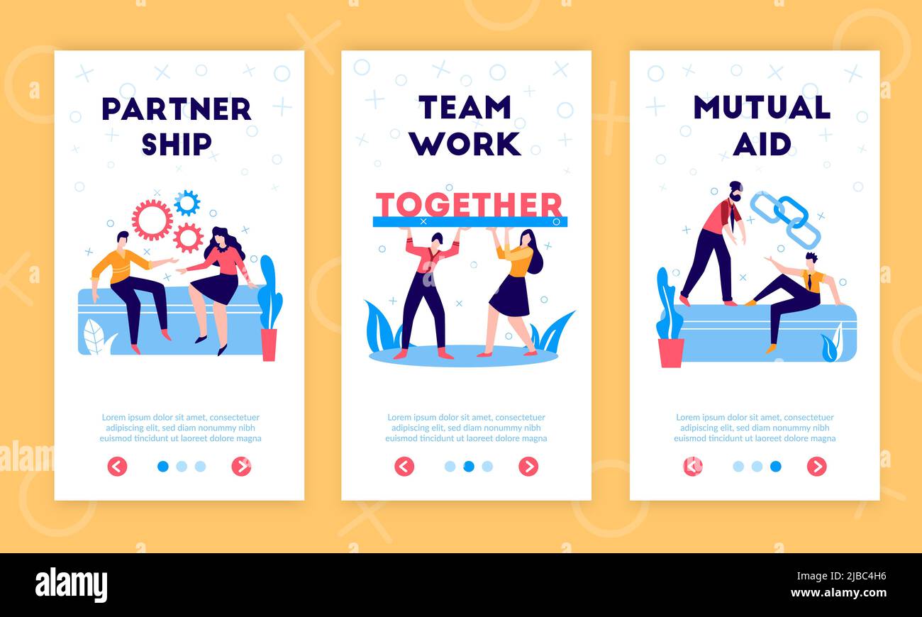 Collaborazione di business sostegno condivisione fondi responsabilità profitti 3 banner web flat verticale con simboli di lavoro di squadra illustrazione vettoriale Illustrazione Vettoriale
