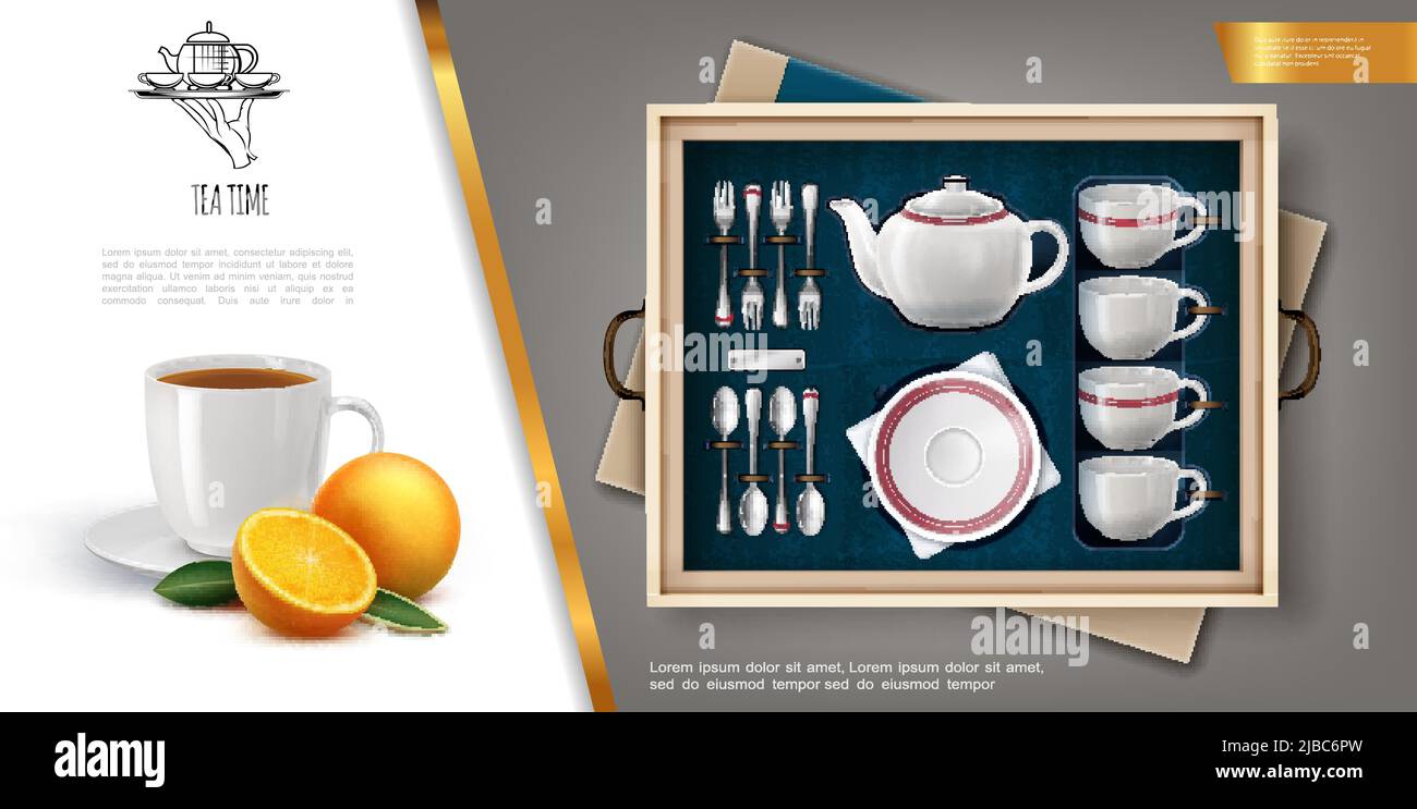 Concetto realistico set di tè regalo con tazze in teiera porcellana piatto argento posate arance matura e teacup pieno di illustrazione vettoriale bevanda calda Illustrazione Vettoriale