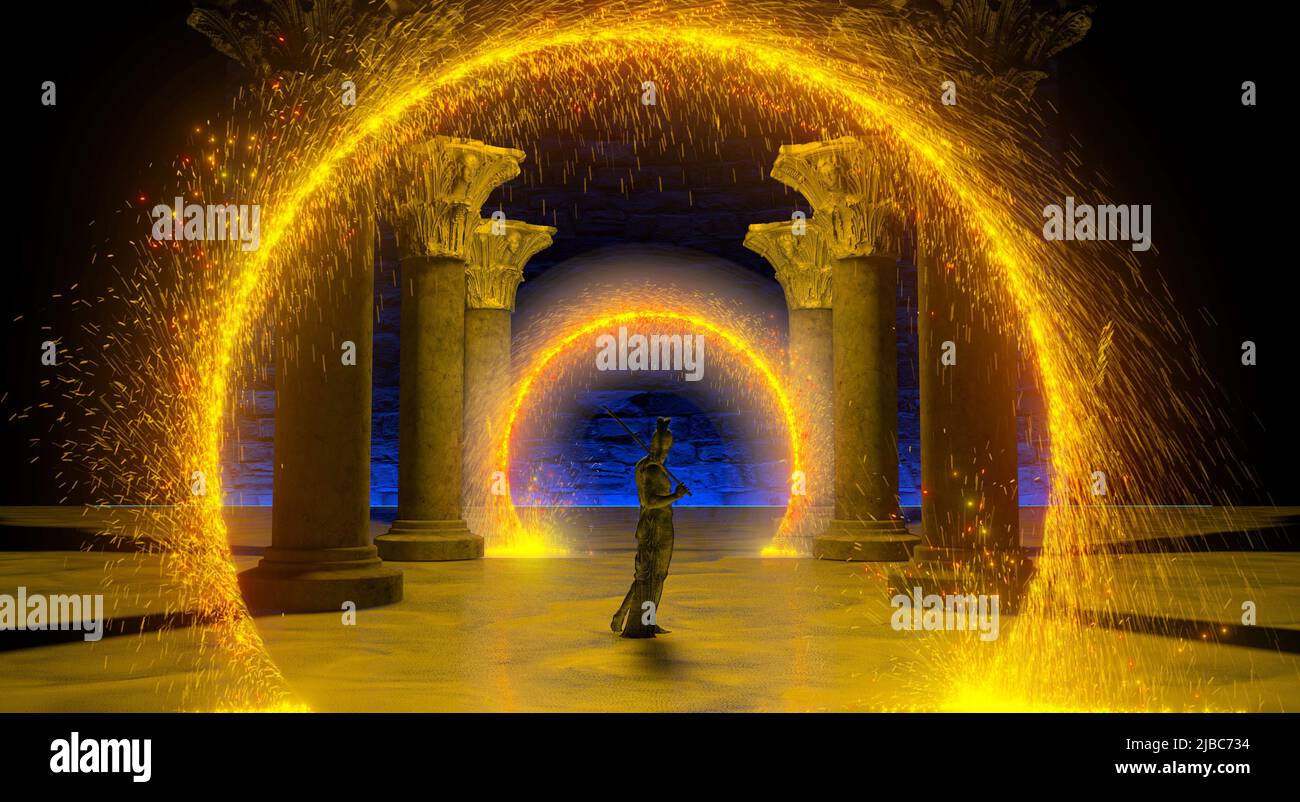 Tunnel gravitazionale, tunnel spazio-tempo. Viaggiare nello spazio tempo, la deformazione del continuo spazio-tempo. Time Traveler entra in un portale Foto Stock