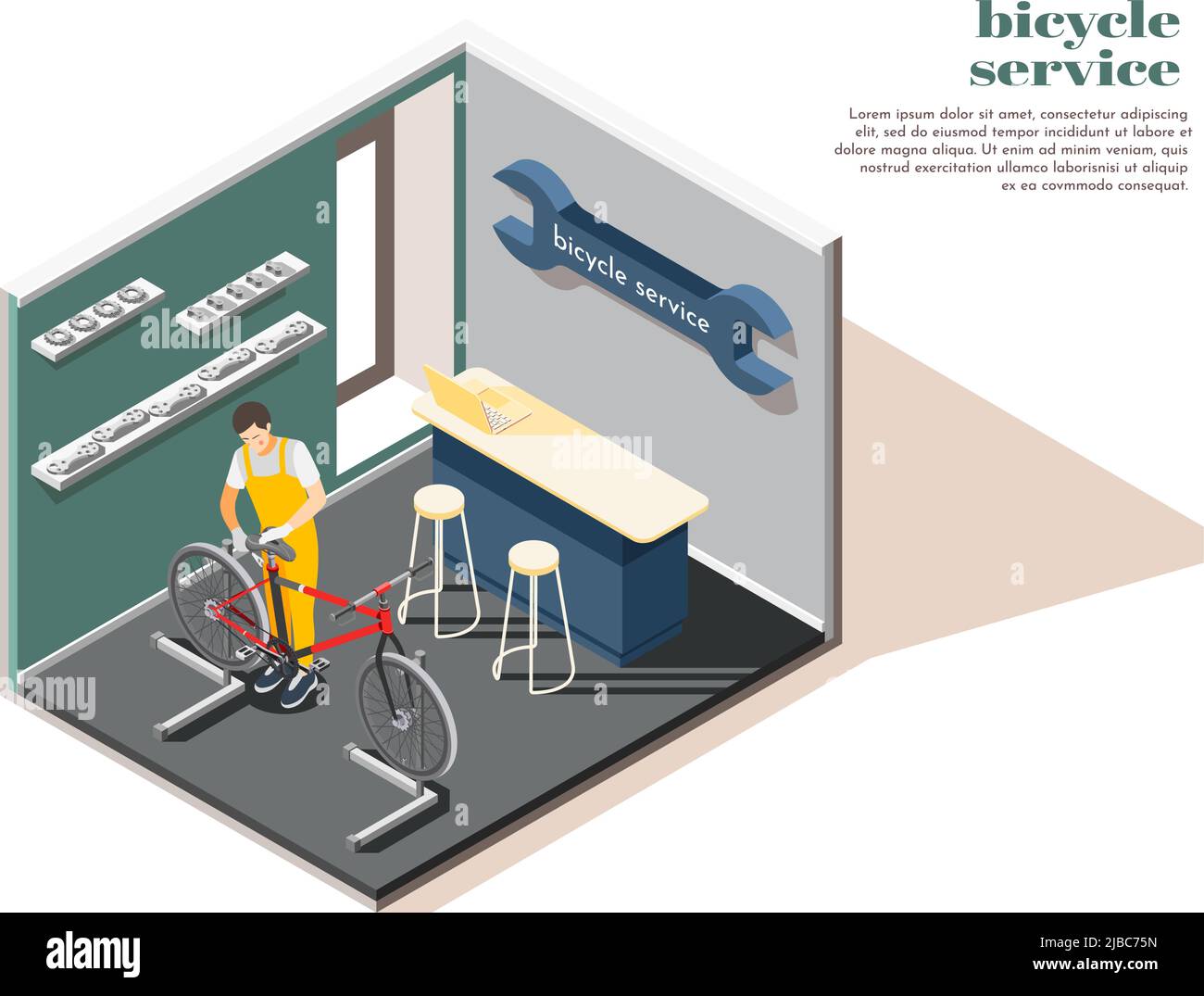 Riparazione biciclette manutenzione officina interna composizione isometrica con riparazione ruote di sostituzione regolazione sella pubblicità vettore illustratio Illustrazione Vettoriale