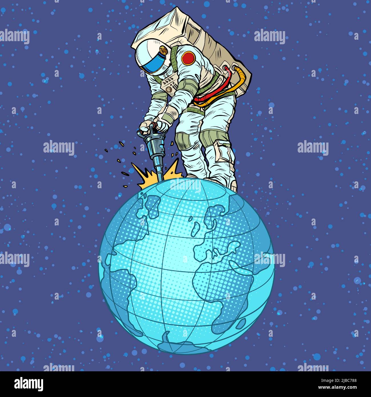 Un astronauta con un martello estrae risorse naturali dal pianeta terra. Economia mondiale, cosmonautica. Business globale. Pop Art retro Vector il Illustrazione Vettoriale