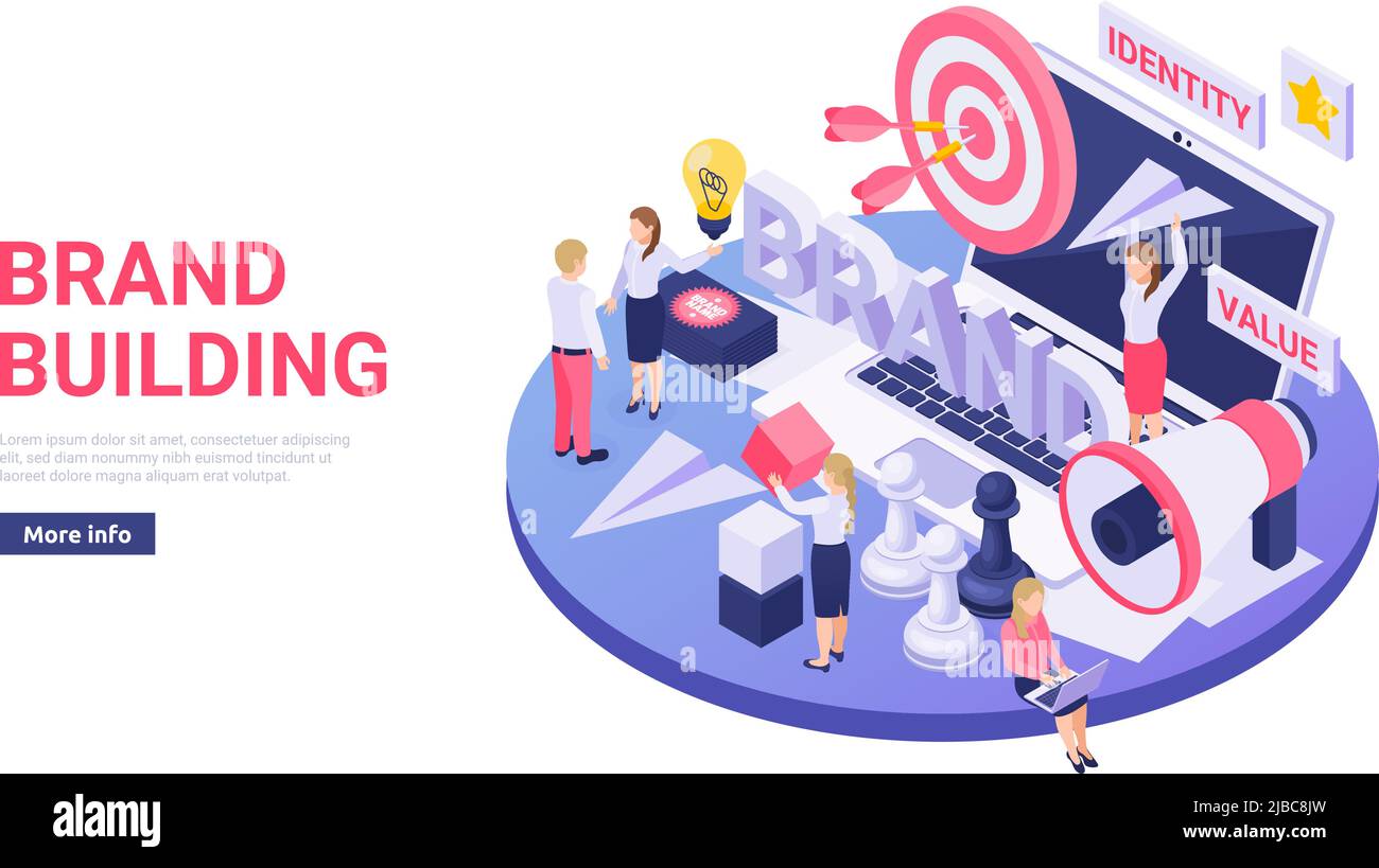 Brand building online servizi isometrici circolare design con megaphone target carta aereo landing page vettore illustrazione Illustrazione Vettoriale