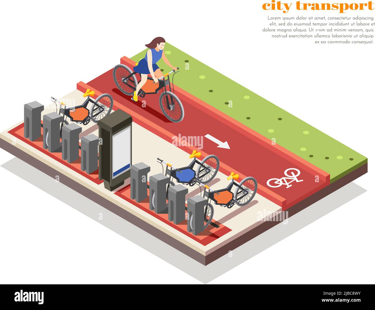 Trasporto urbano composizione isometrica con noleggio bici spot e donna in bicicletta 3D illustrazione vettoriale Illustrazione Vettoriale