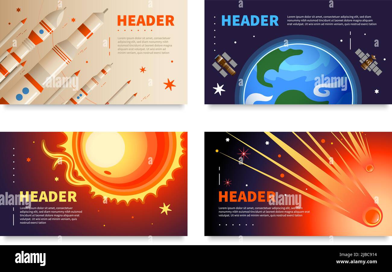 Set di quattro banner spaziali orizzontali con testo di intestazione modificabile e immagini di illustrazione vettoriale di pianeti e razzi Illustrazione Vettoriale
