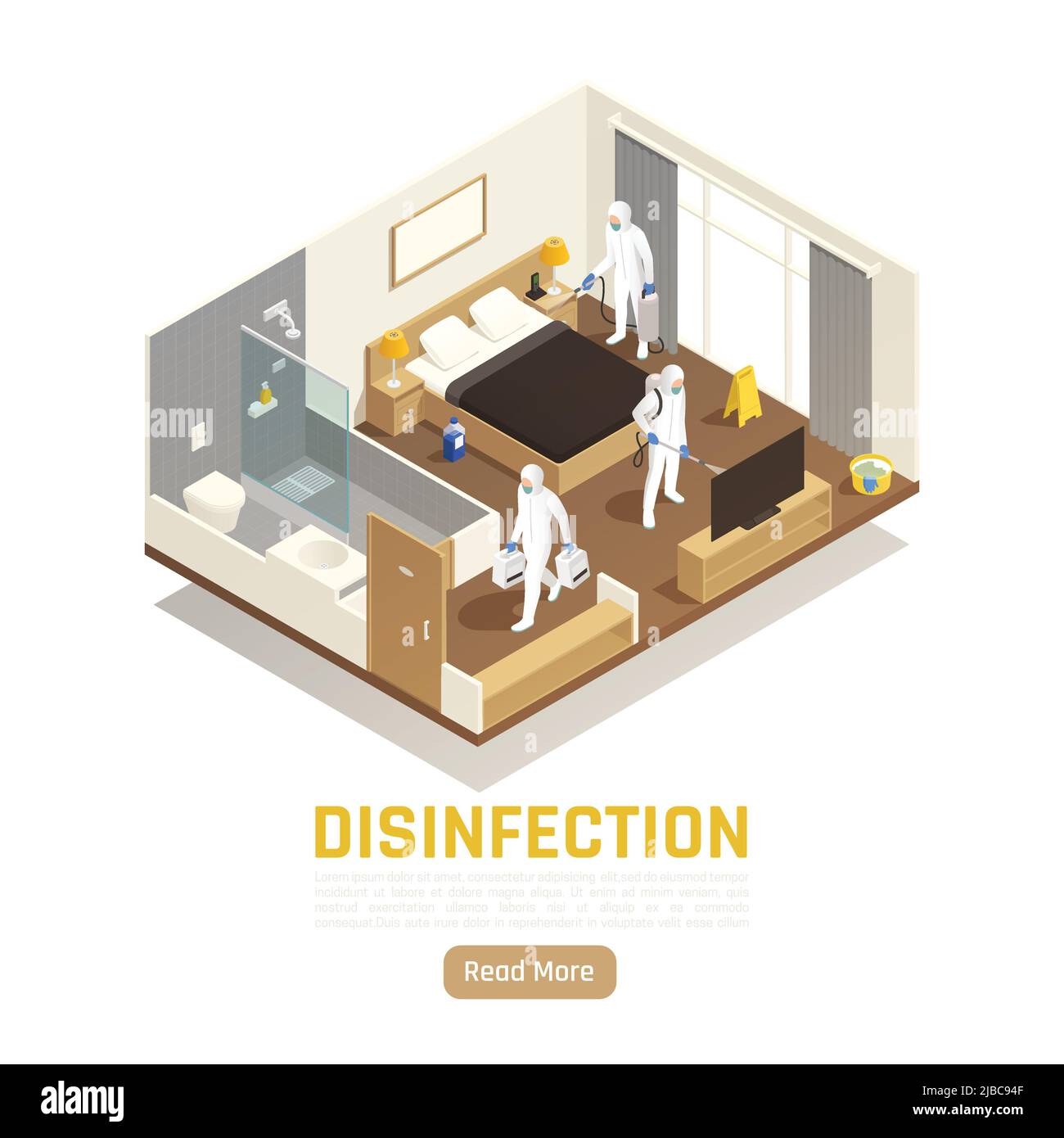 Sanificazione dello sfondo isometrico con leggi di più testo pulsante e immagini del team di disinfezione pulizia immagine vettoriale della stanza Illustrazione Vettoriale