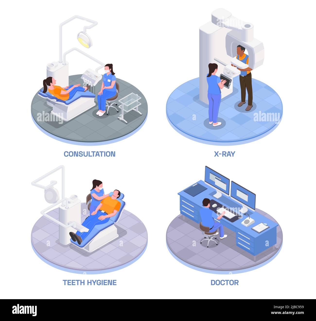 Stomatologia clinica concetto icone isometriche set con i denti simboli igiene illustrazione vettoriale isolata Illustrazione Vettoriale