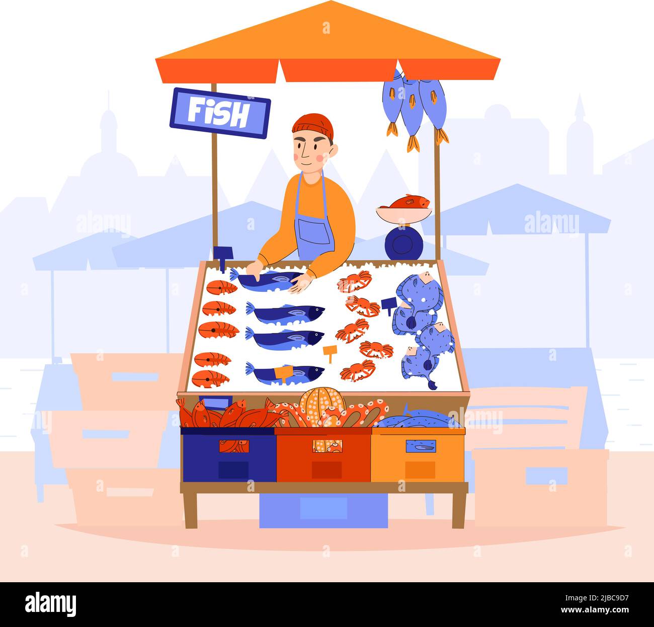 Venditori composizione di pesce con silhouette paesaggio urbano sfondo scenario di mercato e carattere piatto di bagman a illustrazione vettoriale whelkstall Illustrazione Vettoriale