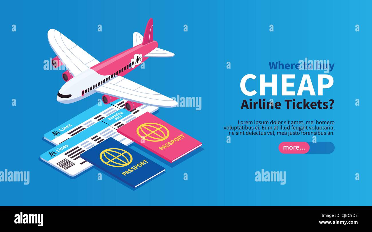 Voli low cost biglietti aerei prenotare online viaggio orizzontale web  banner isometrico con aereo passaporto blu sfondo vettore illustrazione  Immagine e Vettoriale - Alamy