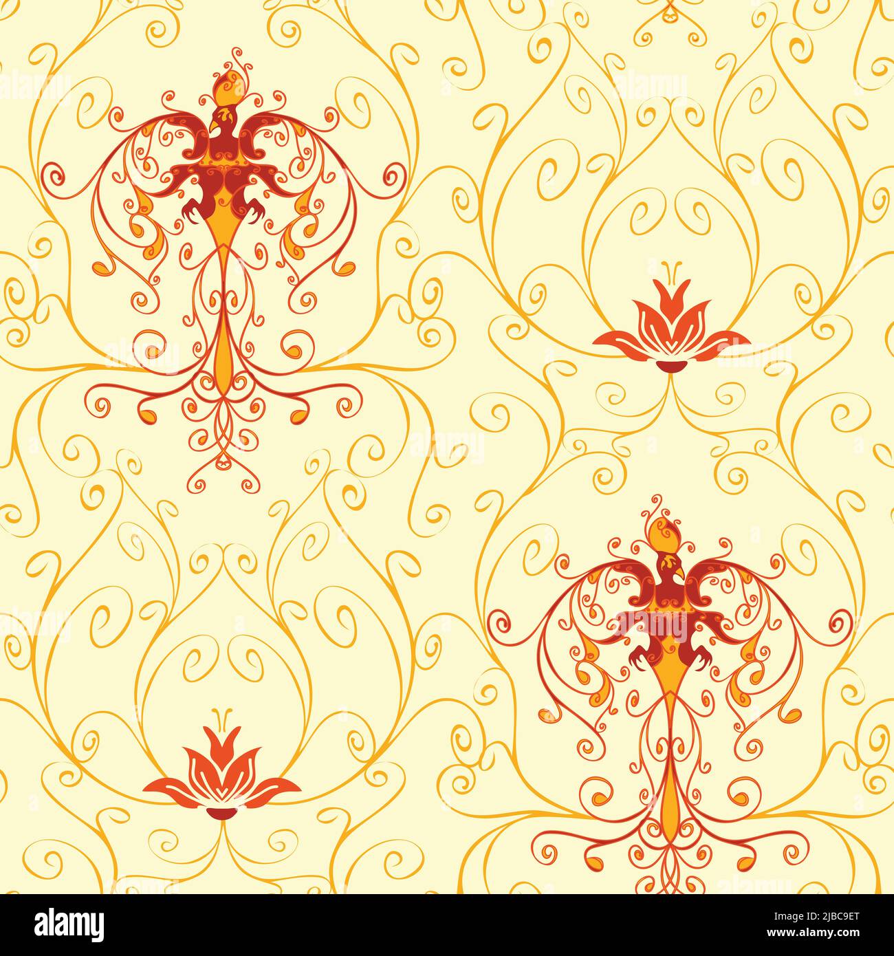 Pattern vettoriale senza giunture con uccello fuoco su sfondo bianco. Carta da parati Phoenix con fiore di loto. Stile vittoriano linee curve tessuto moda. Illustrazione Vettoriale