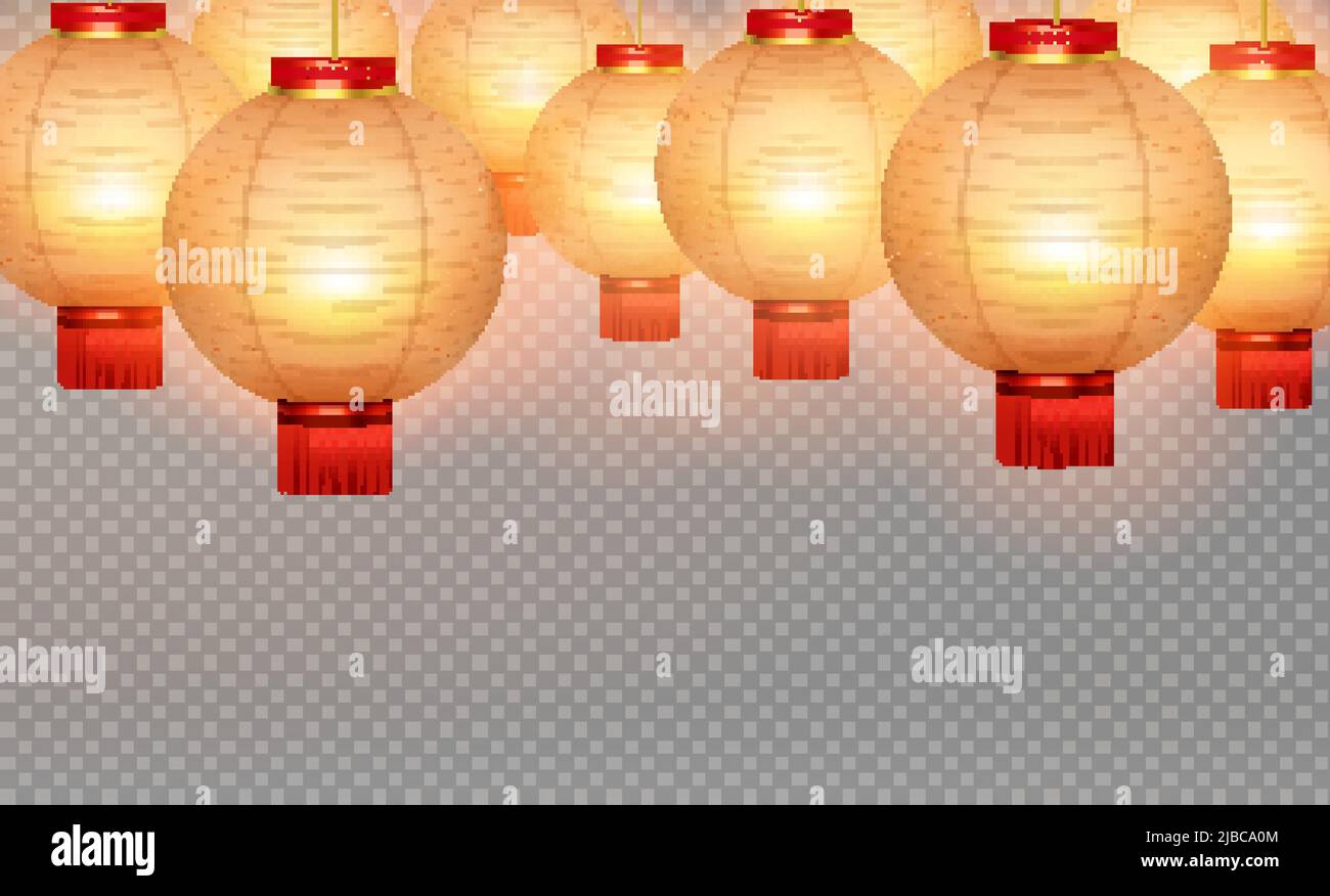 Lanterne cinesi sfondo trasparente realistico con palloncino ad aria rotonda giallo su illustrazione vettoriale fondente trasparente Illustrazione Vettoriale