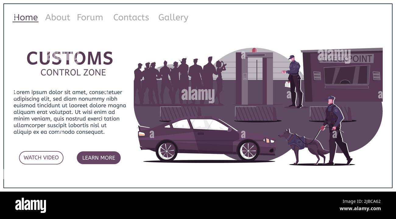 Pagina di destinazione del sito Web di controllo doganale con immagini a checkpoint piatte pulsanti di collegamento cliccabili e illustrazione vettoriale di testo modificabile Illustrazione Vettoriale