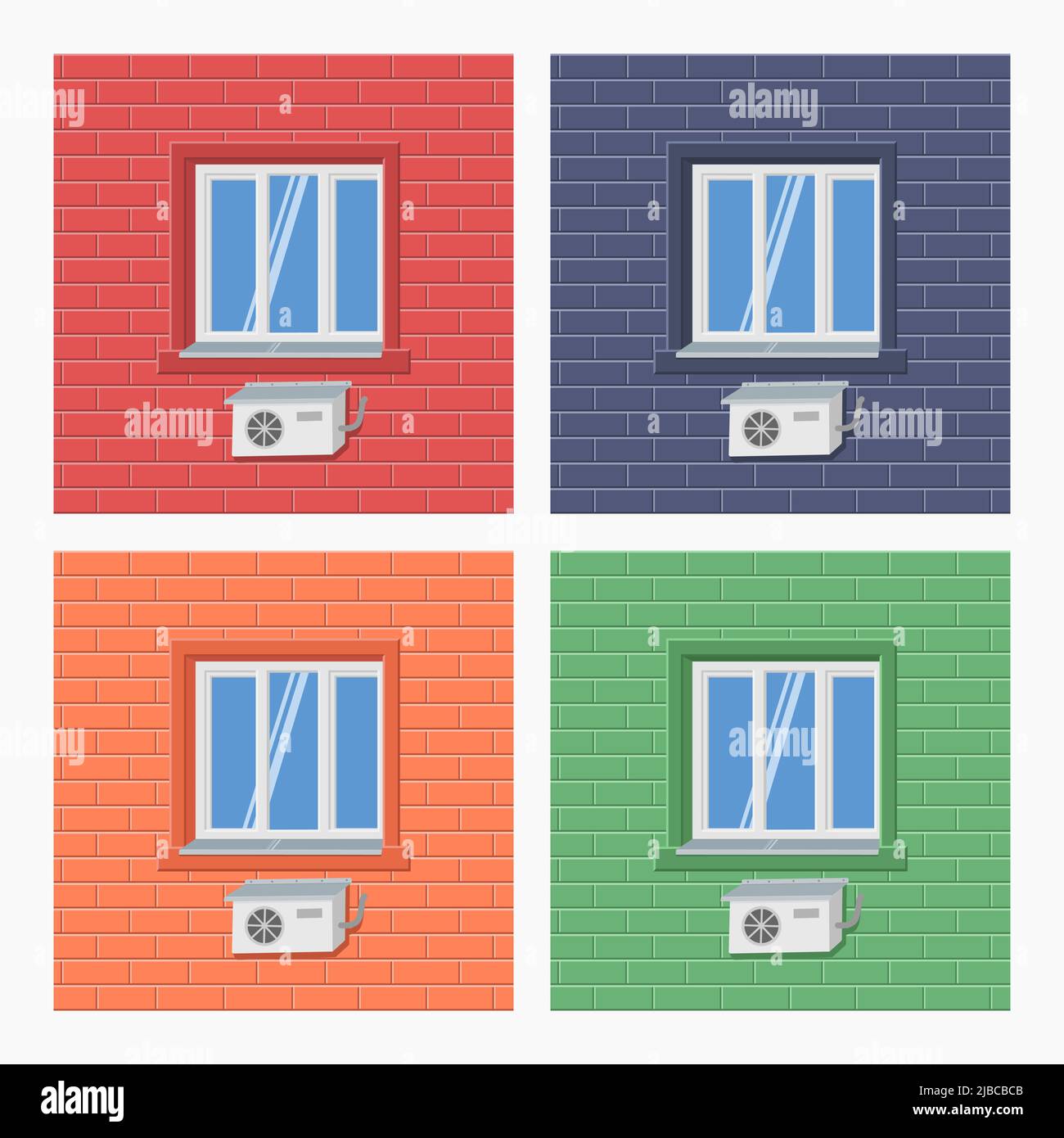 condizionatore d'aria a disegno senza cuciture sulla facciata dell'edificio rosso verde blu arancione con finestre vettoriali illustrazione piatta Illustrazione Vettoriale