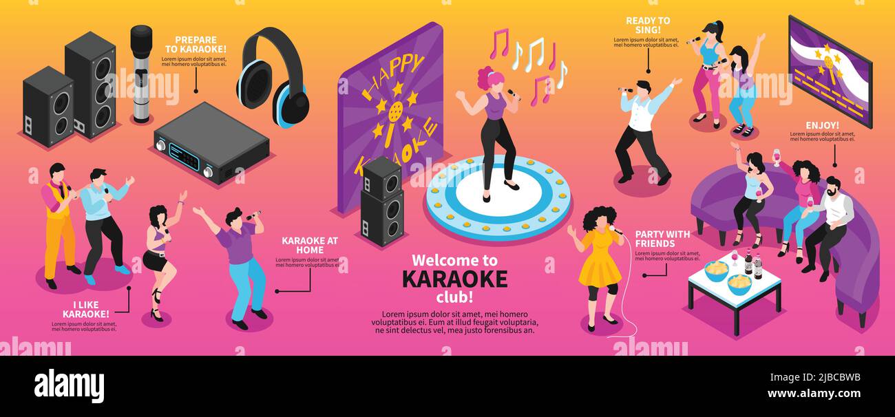 Infografiche karaoke isometriche con personaggi cantanti che tengono microfoni cuffie e altoparlanti con testo modificabile didascalie vettore illus Illustrazione Vettoriale