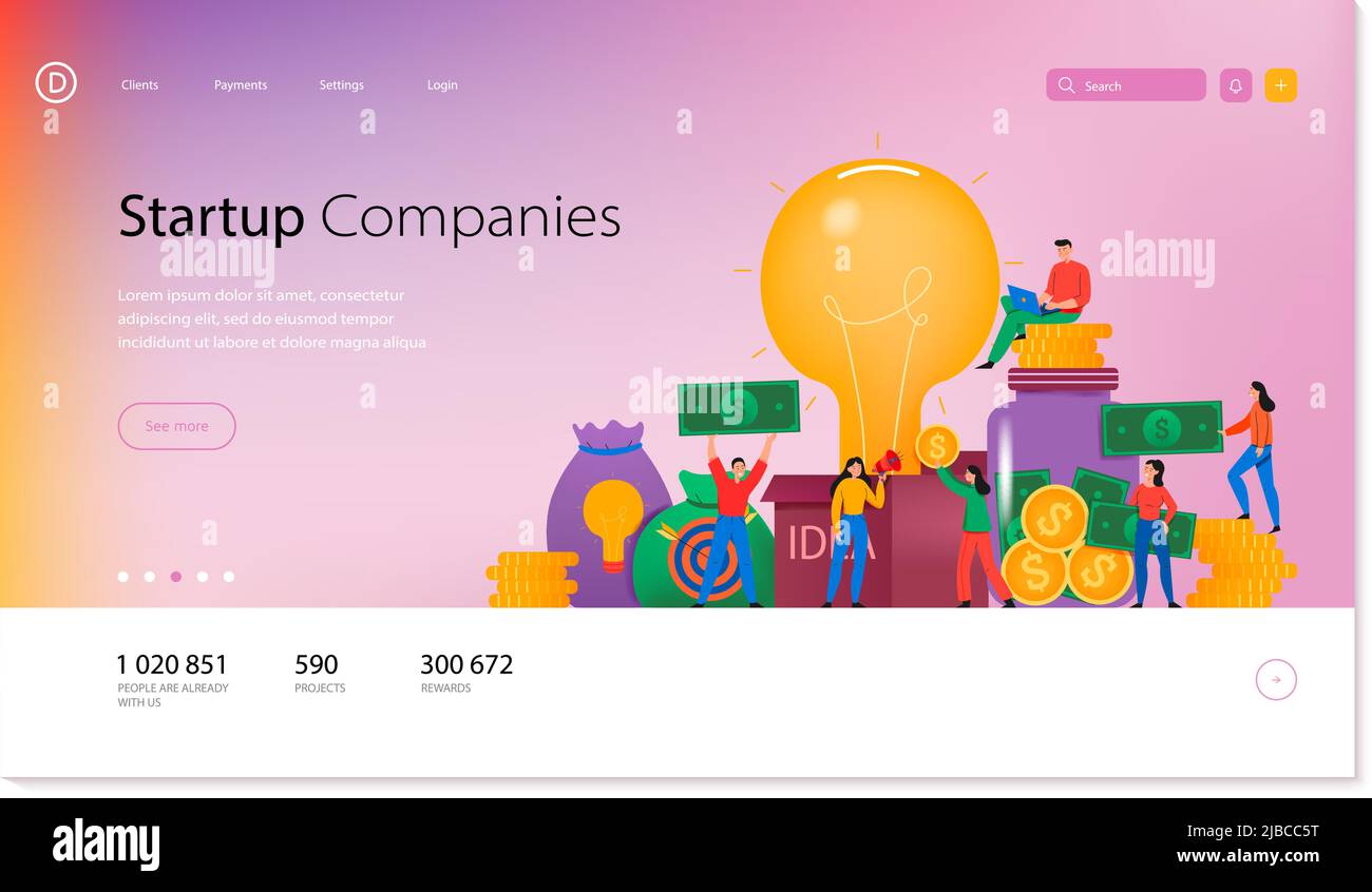 Avvio aziende pagina design con simboli crowdfunding flat vettore illustrazione Illustrazione Vettoriale