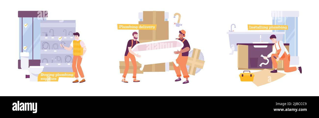 Composizioni idrauliche set con caratteri piatti di idraulici al lavoro con immagini di fissaggio bagno e illustrazione vettoriale di testo Illustrazione Vettoriale