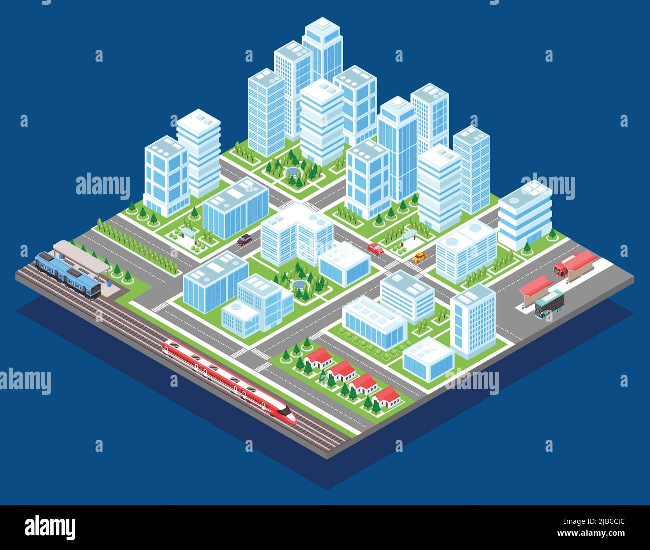 Composizione isometrica della città industriale con immagine del blocco cittadino con strade di trasporto ferroviario e grattacieli lucidi illustrazione vettoriale Illustrazione Vettoriale