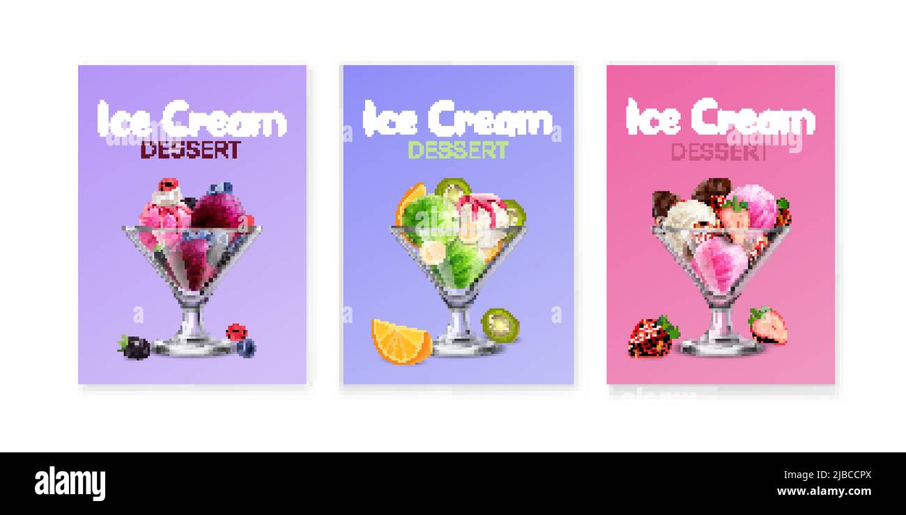 Deliziosa frutta fresca palle gelato deserto 3 poster realistici sfondo con illustrazione vettore fragola arancio mirtillo Illustrazione Vettoriale