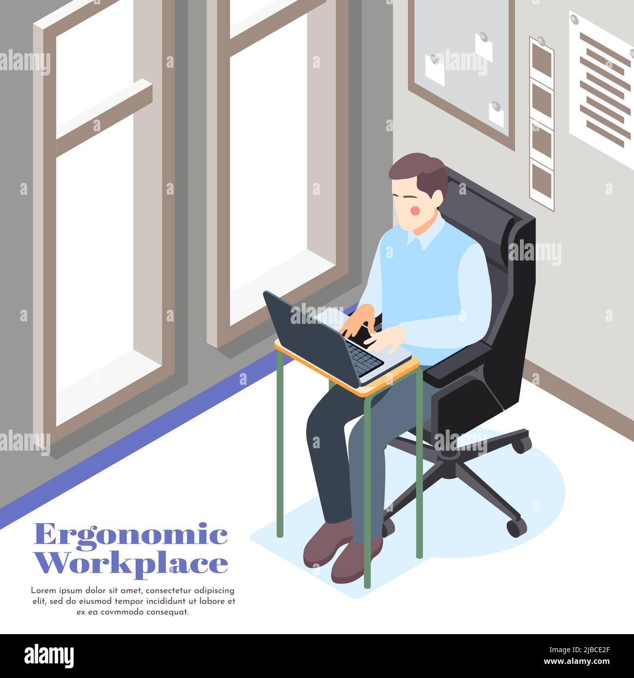 Ambiente di lavoro ergonomico sfondo isometrico con il dipendente in ufficio seduto su una comoda sedia e lavorando con computer vettore illustrazione Illustrazione Vettoriale