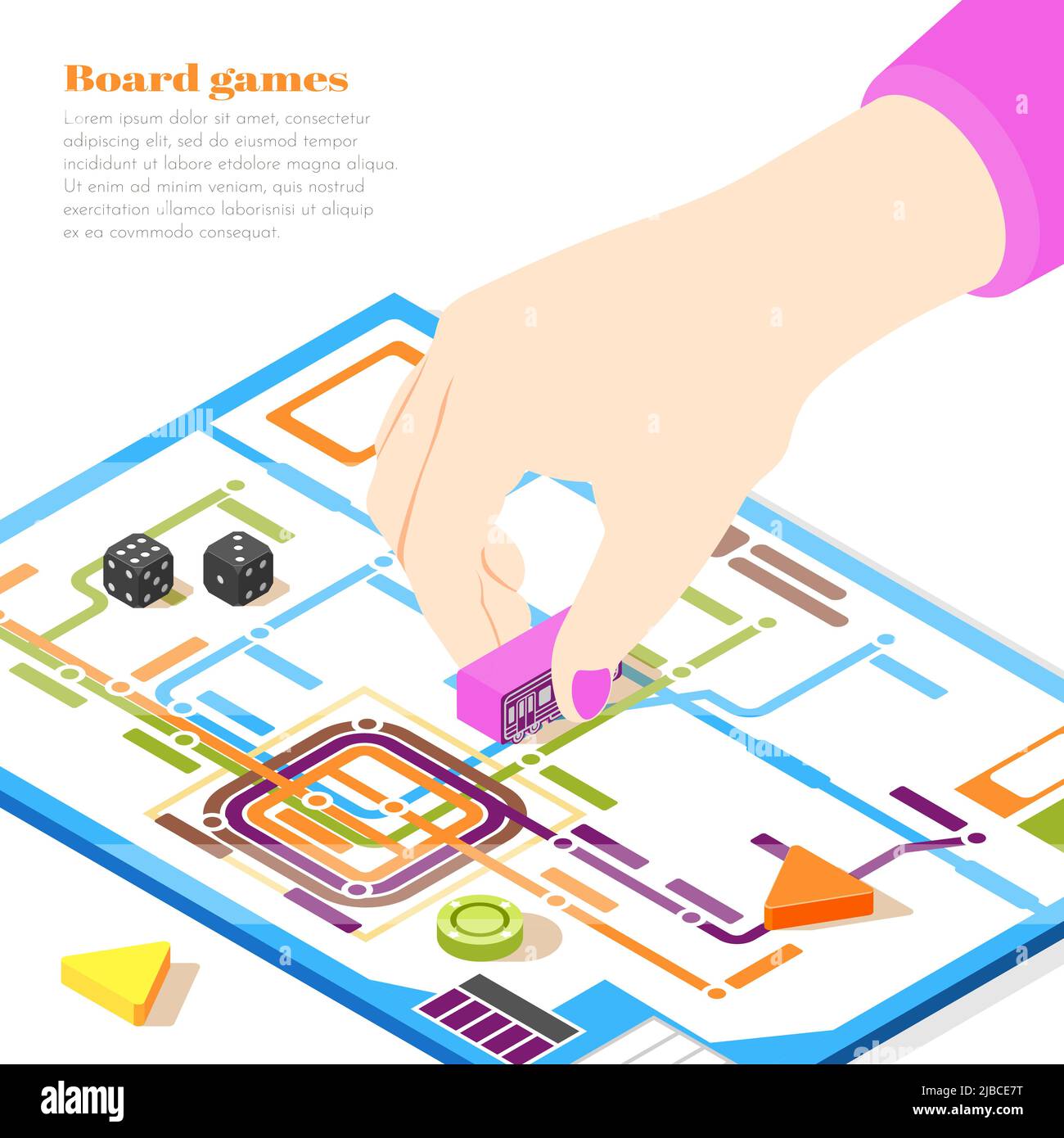 Giochi da tavolo concetto di design isometrico con mano donna che muove chip sul campo di gioco illustrazione vettoriale Illustrazione Vettoriale