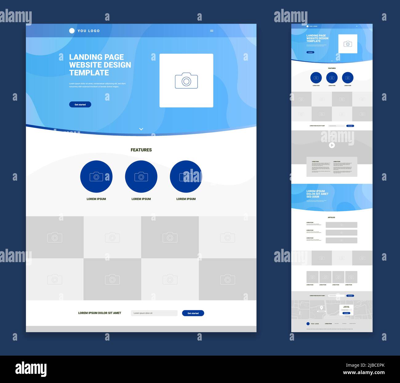Sito web landing page flat design con logo foto caratteristiche articoli video modulo di contatto isolato su sfondo blu illustrazione vettoriale Illustrazione Vettoriale