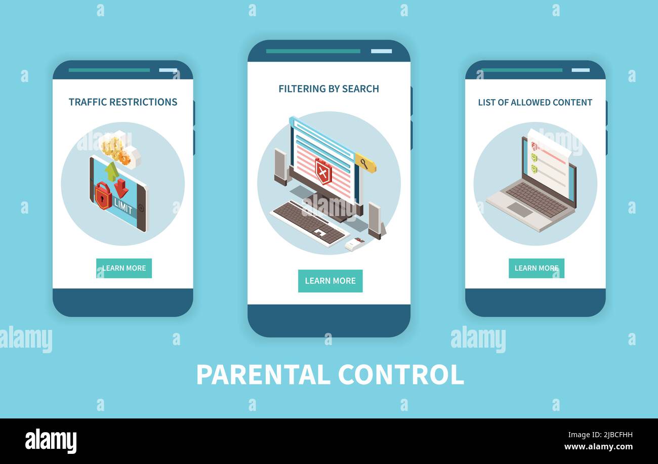 App di consulenza per il controllo digitale dei genitori 3 schermi verticali per smartphone mobili con filtro dei contenuti restrizioni sul traffico illustrazione vettoriale Illustrazione Vettoriale