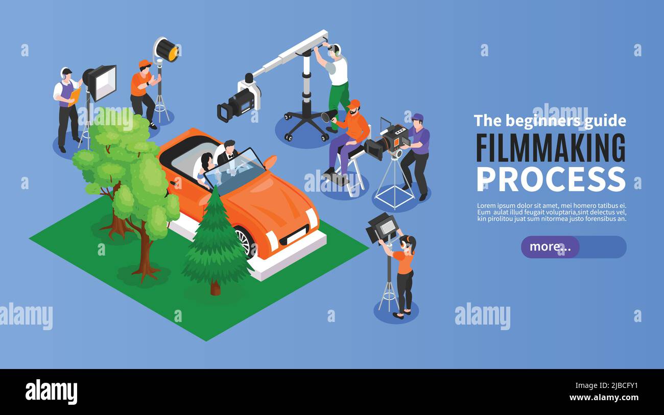 Cinematografia isometrica banner orizzontale con set di film elementi di ripresa equipaggio e testo modificabile con più pulsanti illustrazione vettoriale Illustrazione Vettoriale