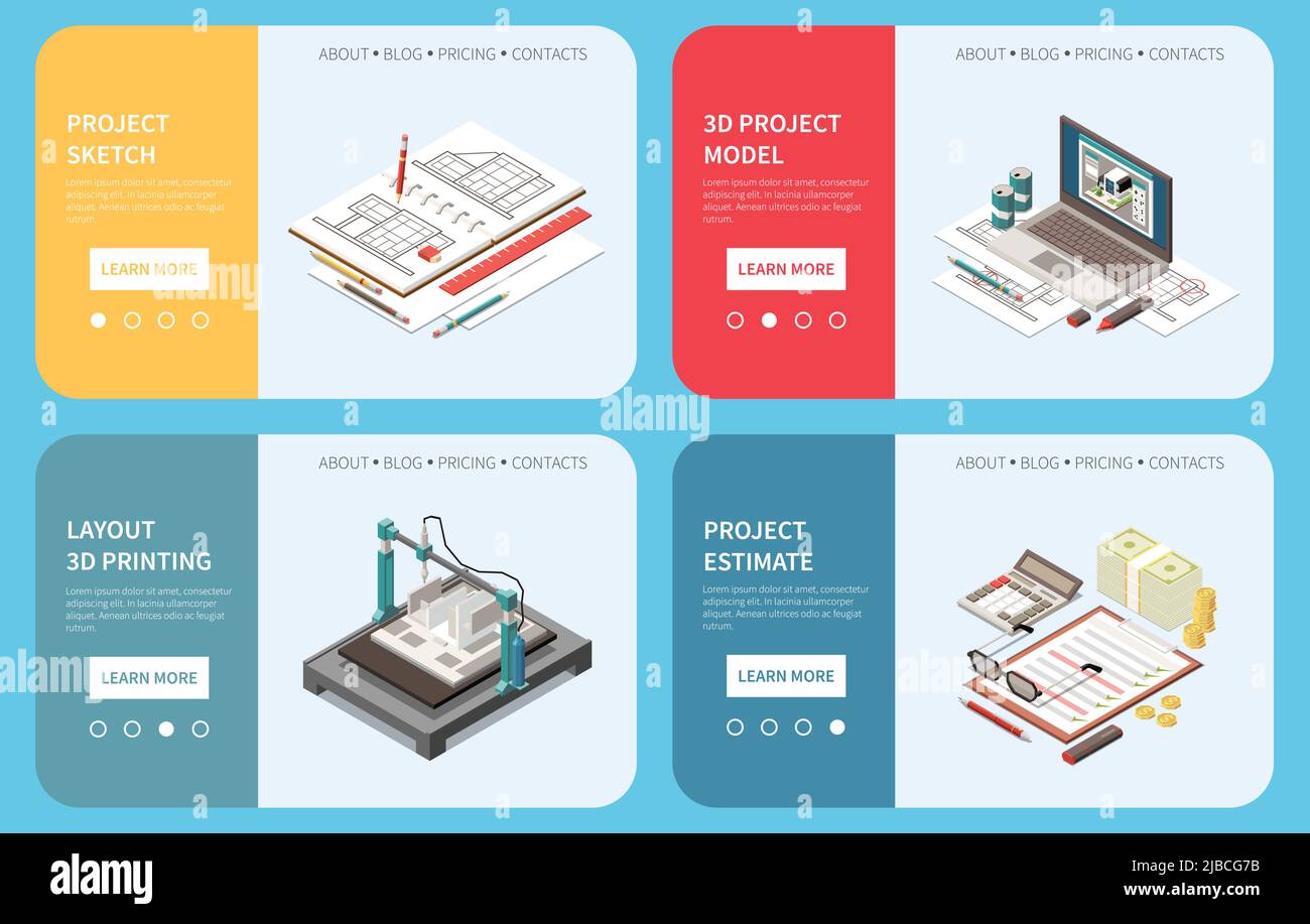 Set di quattro banner orizzontali isometrici ARCHITECT con interruttori di pagina per saperne di più pulsante e area di lavoro illustrazione vettoriale degli elementi Illustrazione Vettoriale
