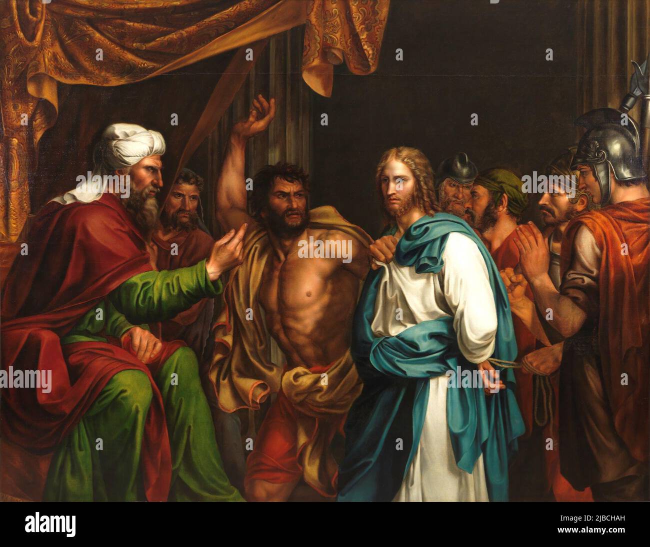 Gesù sta per essere colpito durante il suo processo davanti alla corte locale di Annas, conosciuta come il Sanhedrin. Gesù fu consegnato alle corti romane sotto Ponzio Pilato. Dipinto da José de Madrazo y Agudo Foto Stock