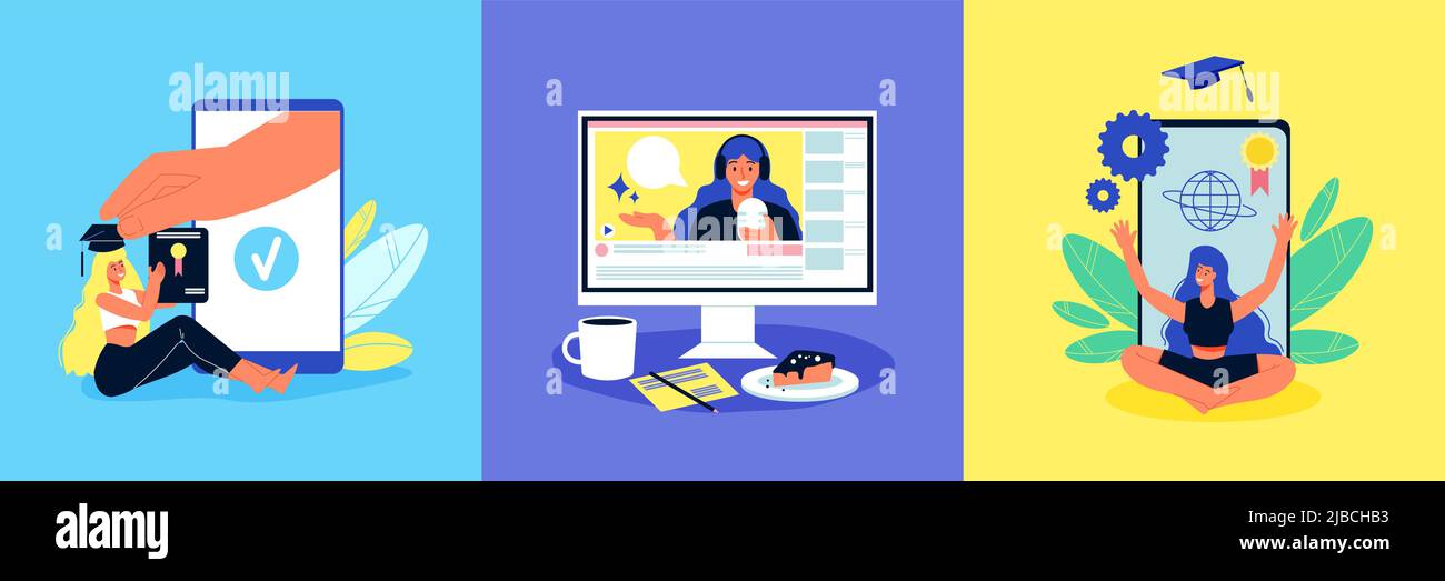 Concetto di design didattico online con composizioni quadrate immagini per smartphone elementi dello spazio di lavoro e personaggi umani degli studenti illustrazione vettoriale Illustrazione Vettoriale