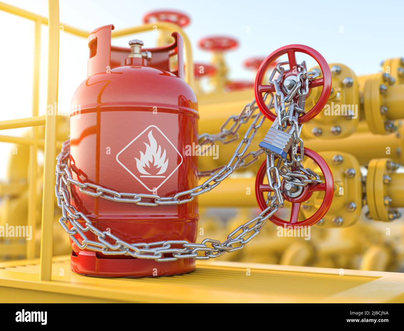 Concetto di crisi del gas. Bombola di gas e tubazione del gas bloccata con catena. 3d illustrazione Foto Stock