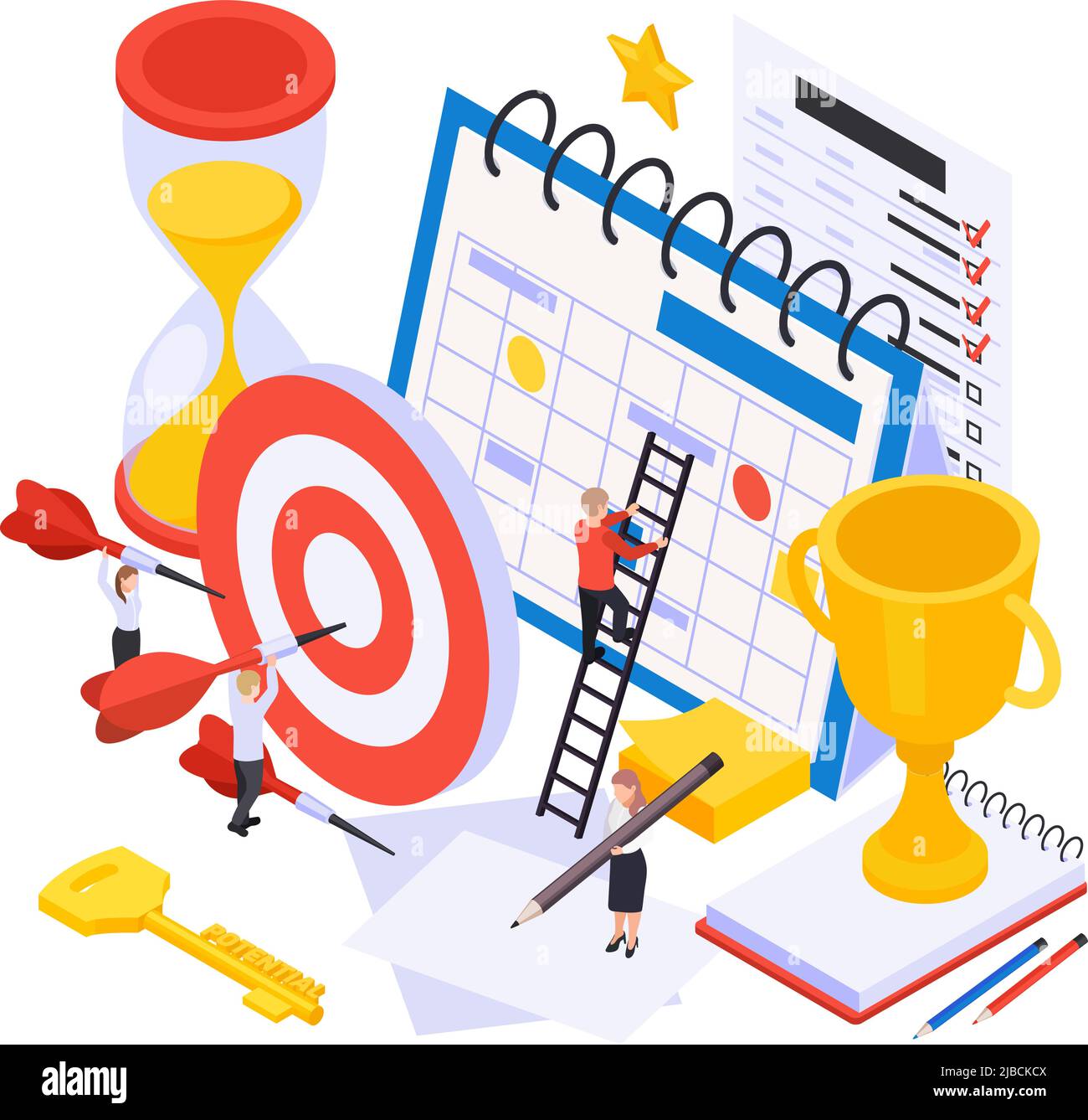 Crescita personale auto sviluppo successo simboli chiave composizione isometrica con clessidra task planner bersaglio trofeo illustrazione vettoriale Illustrazione Vettoriale