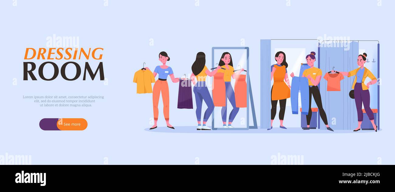 Poster della cabina con i simboli di abbigliamento donna illustrazione vettoriale piatta Illustrazione Vettoriale