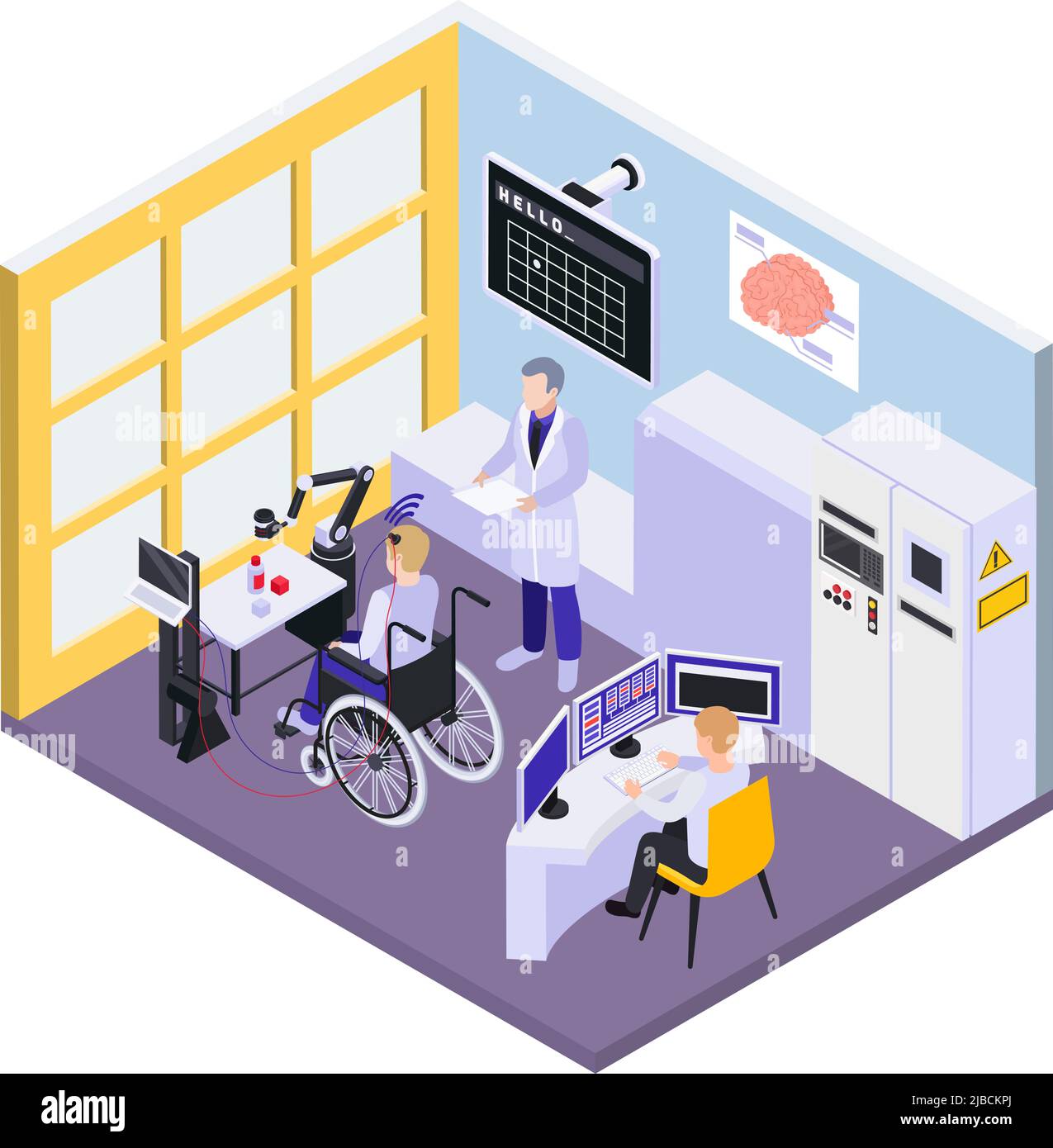 Impianto chip cerebrale per disabili paziente bio medico tecnologie centro di ricerca interno isometrico vista vettore illustrazione Illustrazione Vettoriale